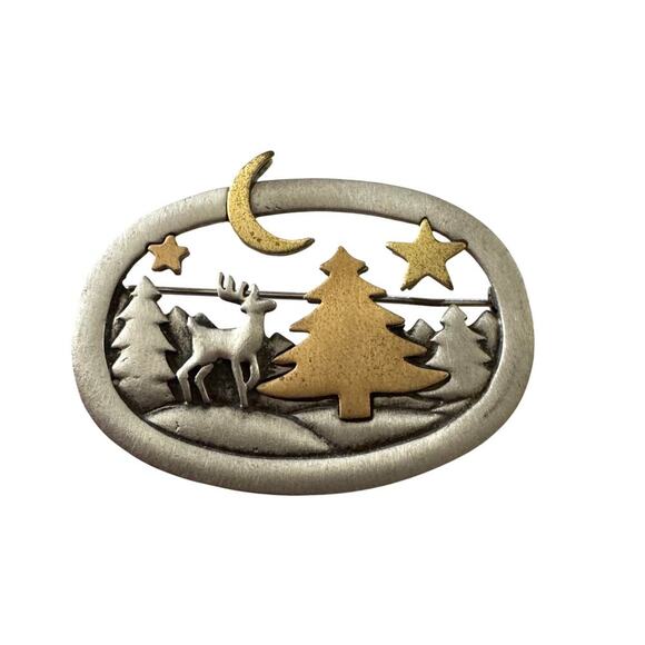 JJ Jonette Brooch, Deer in Forest Evergreens, Moon and Stars, Jonette Jewelry - Picture 2 of 5